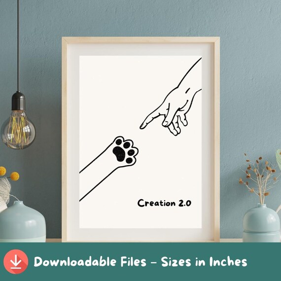 Creation 2.0 Michelangelo Hands Cat Paw Funny Minimalist Line Art Poster