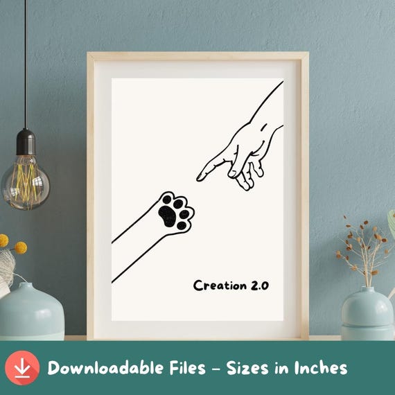 Funny Michelangelo Cat Paw Print Boho Minimalist Line Art A2a5 Sizes