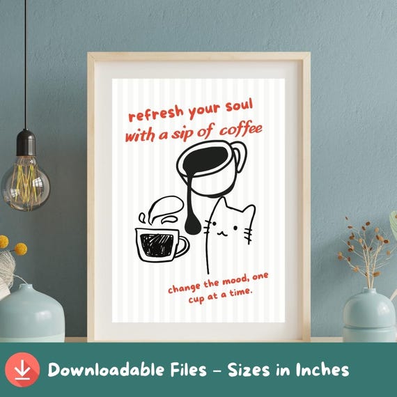 Coffee Cat Illustration Print Trendy Kitchen Wall Art A2a5 Sizes