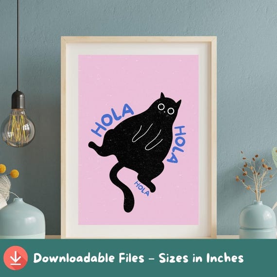 Black Cat Wall Art Cute Hola Poster Funny For Lovers Instant Animal Decor