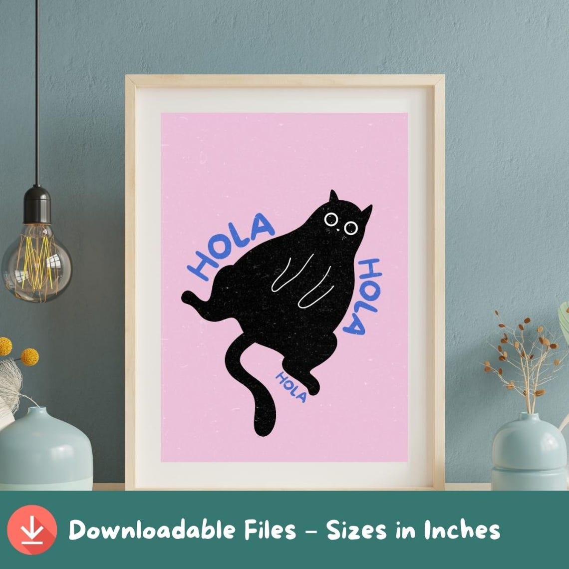 Black Cat Wall Art Cute Hola Poster Funny For Lovers Instant Animal Decor