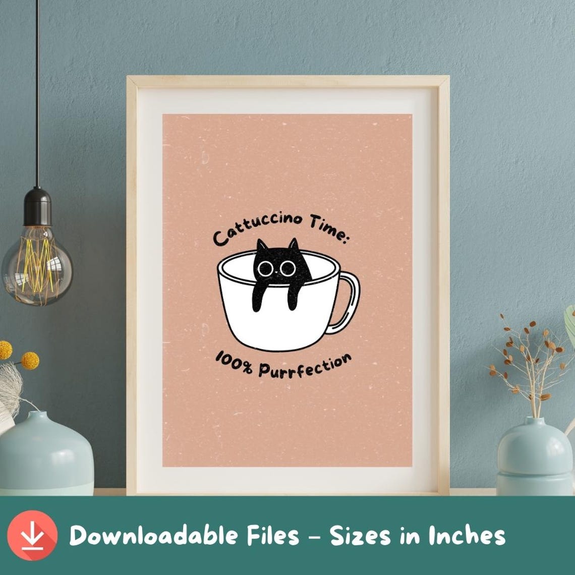 Funny Black Cat Inside Coffee Cup Cattuccino Time Pink Poster