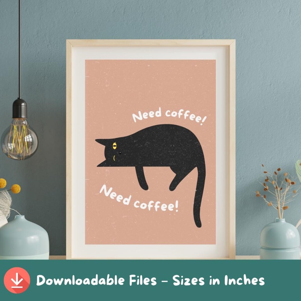 Funny Black Cat Need Coffee Quote Minimalist Pink Playful Animal Poster