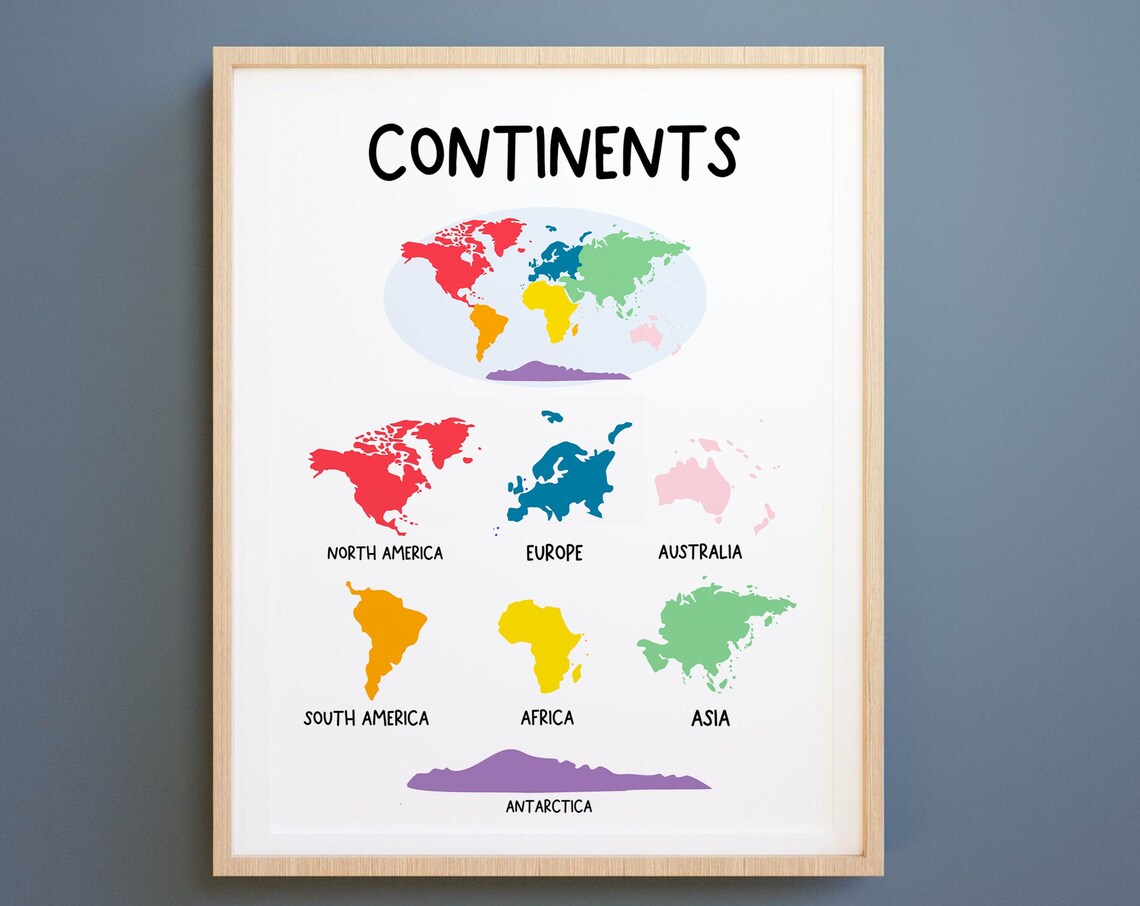 World Continents Print, Education Classroom Map Art