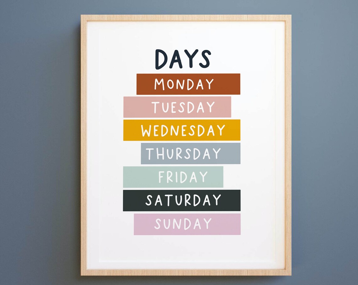 Days Of The Week Montessori Education Poster, Nursery