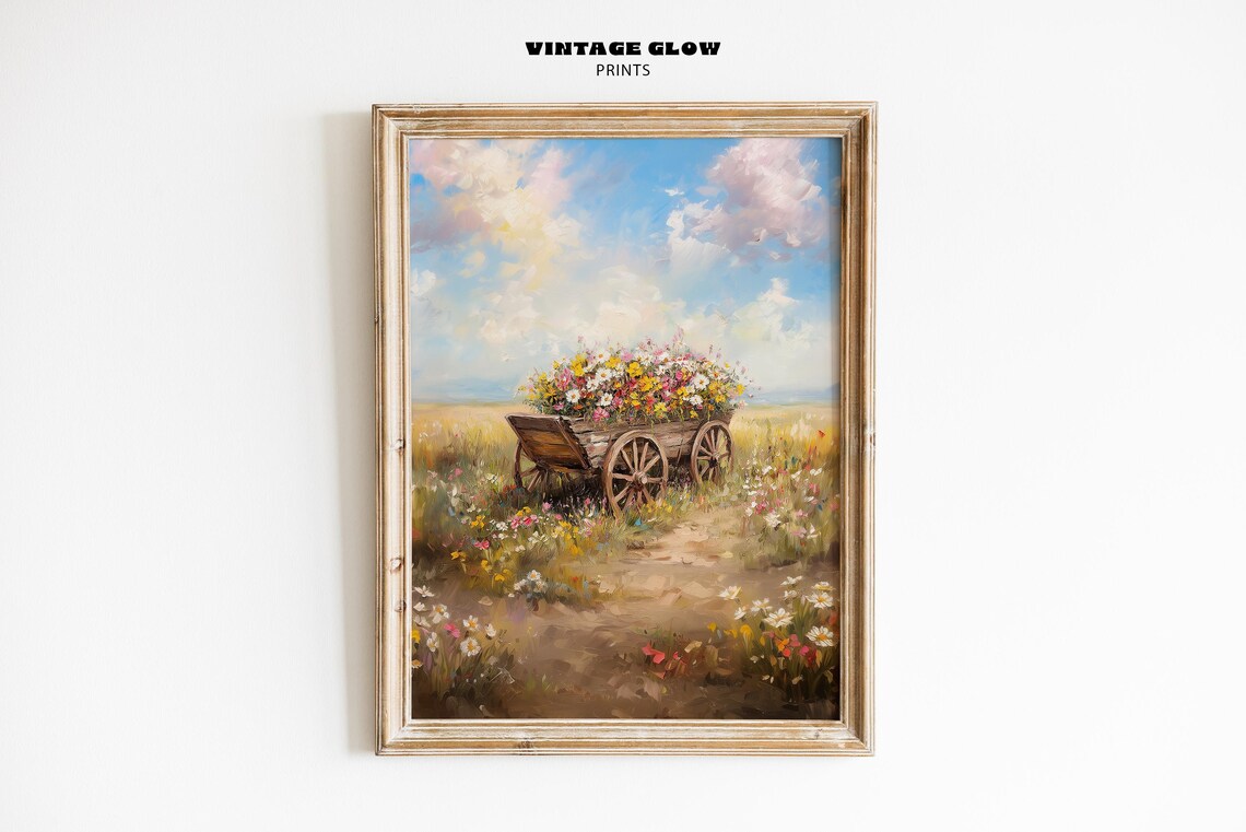 Wildflowers Cart Print Vintage Spring Flower Art Country Landscape Painting Farmhouse Wall Decor Floral V10