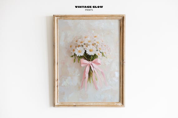 Pink Bow Wildflowers Art Print Neutral Beige Floral Bouquet Wall Decor Vintage Botanical Oil Painting Style V130