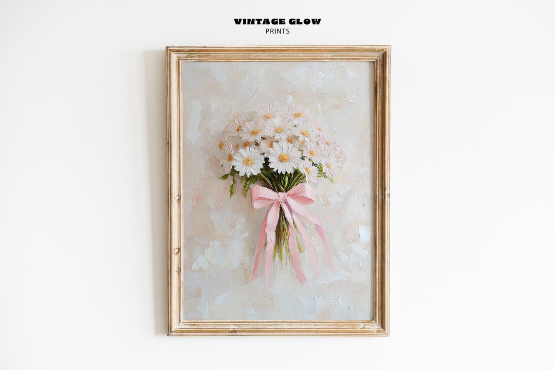 White Daisy Bouquet Pink Ribbon Bow Vintage Floral Art Print