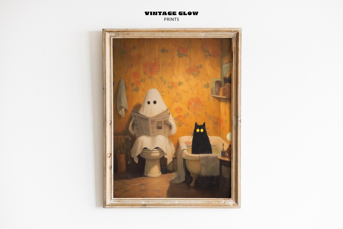 Ghost Toilet Newspaper Black Cat Funny Halloween Bathroom Print