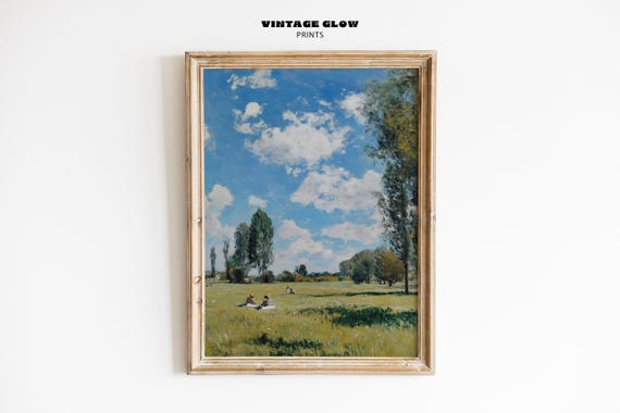 Vintage Meadow Landscape Wildflowers Trees Oil Painting Rustic Nature Wall Art Impressionist Countryside Print