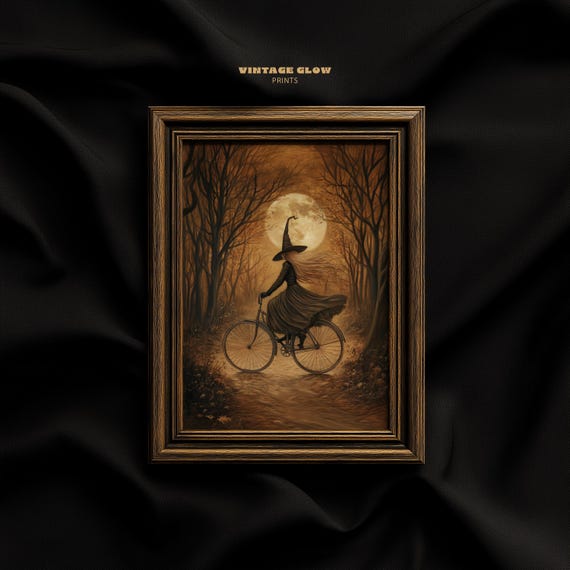 Vintage Witch On Bicycle Print Spooky Halloween Wall Art Autumn Decor V373