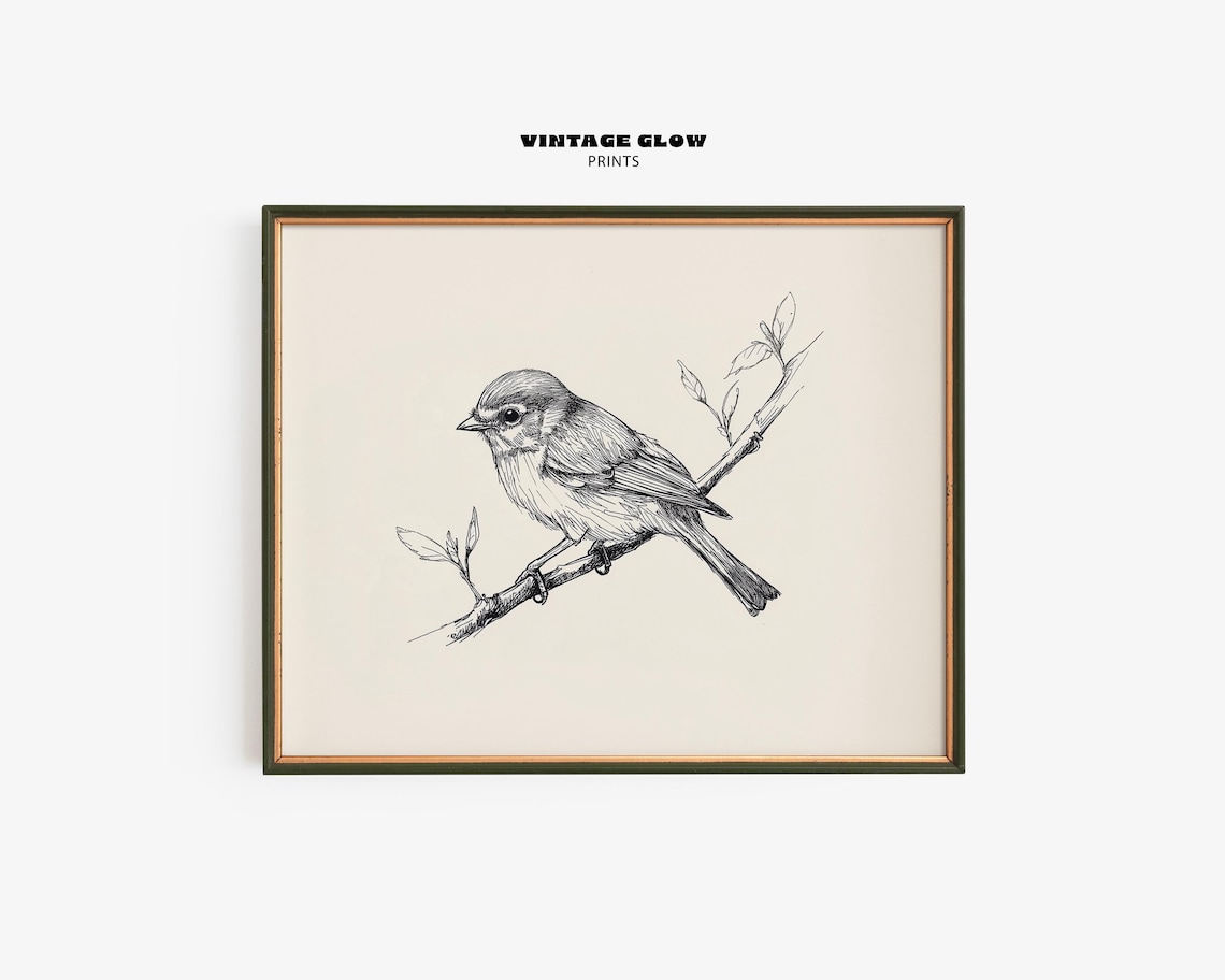 Vintage Bird Line Drawing Print, Rustic Spring Decor