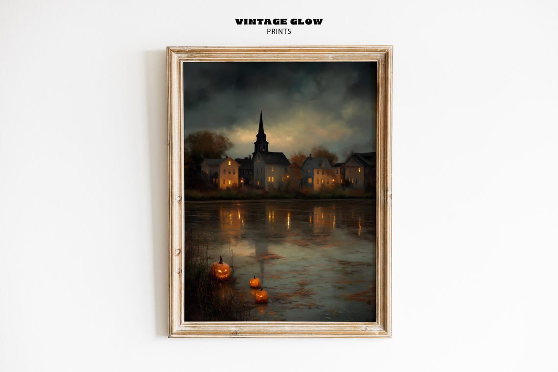 Moody Halloween Pumpkin Village Print Full Moon Fall Landscape Dark Autumn Wall Art V399