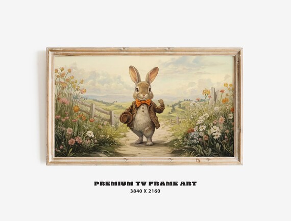 Vintage Rabbit Gentleman Bow Tie Walking Through Spring Wildflower Poster
