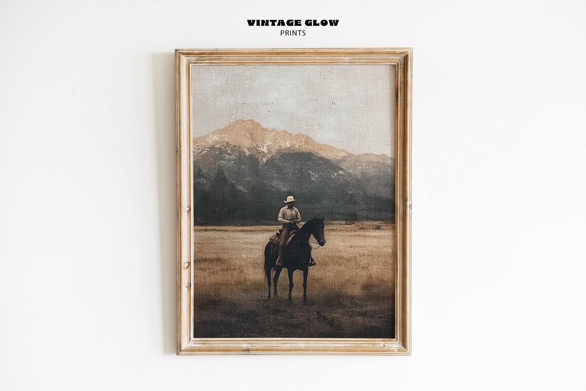 Western Cowboy Art Print, Vintage Mid-Century Decor