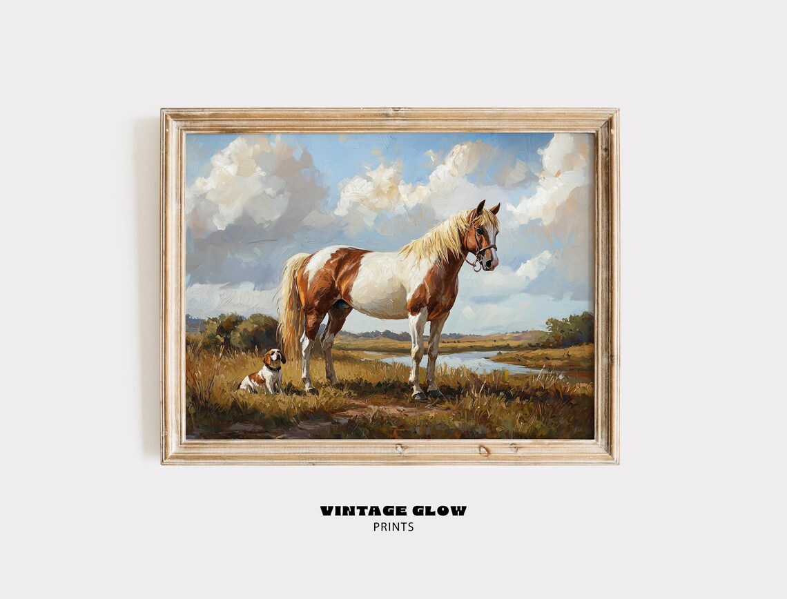 Pinto Horse and Dog Pasture Vintage Equestrian Farm Oil Painting Print