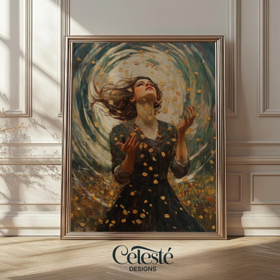 Dark Academia Girl Art Print Ethereal Gold Leaf Portrait