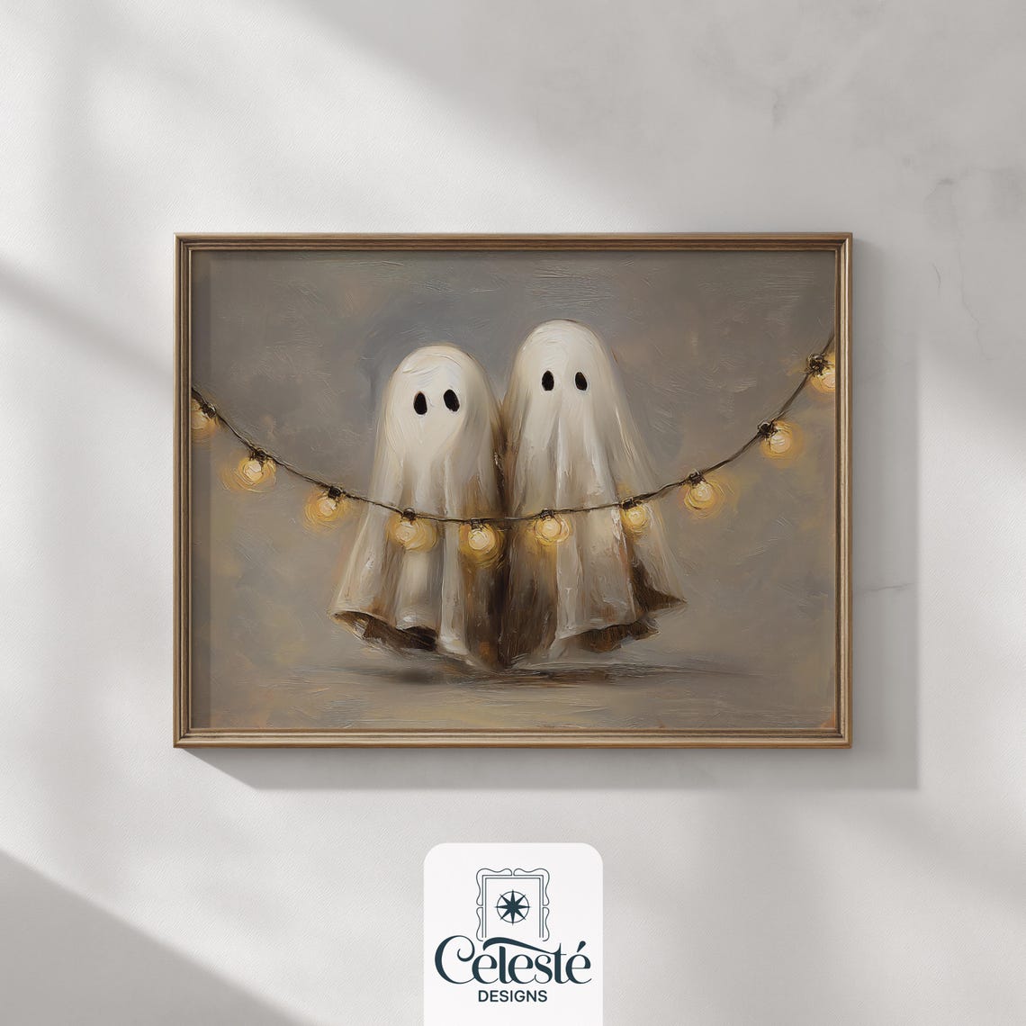 Two Cute Ghosts With Fairy Lights Cozy Whimsical Halloween Wall Art