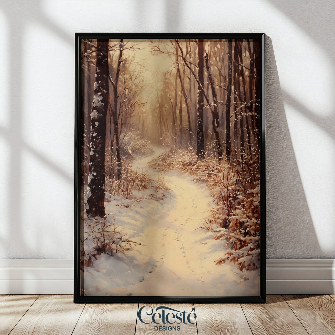 Snowy Forest Path Golden Winter Light Trees Landscape Art Poster