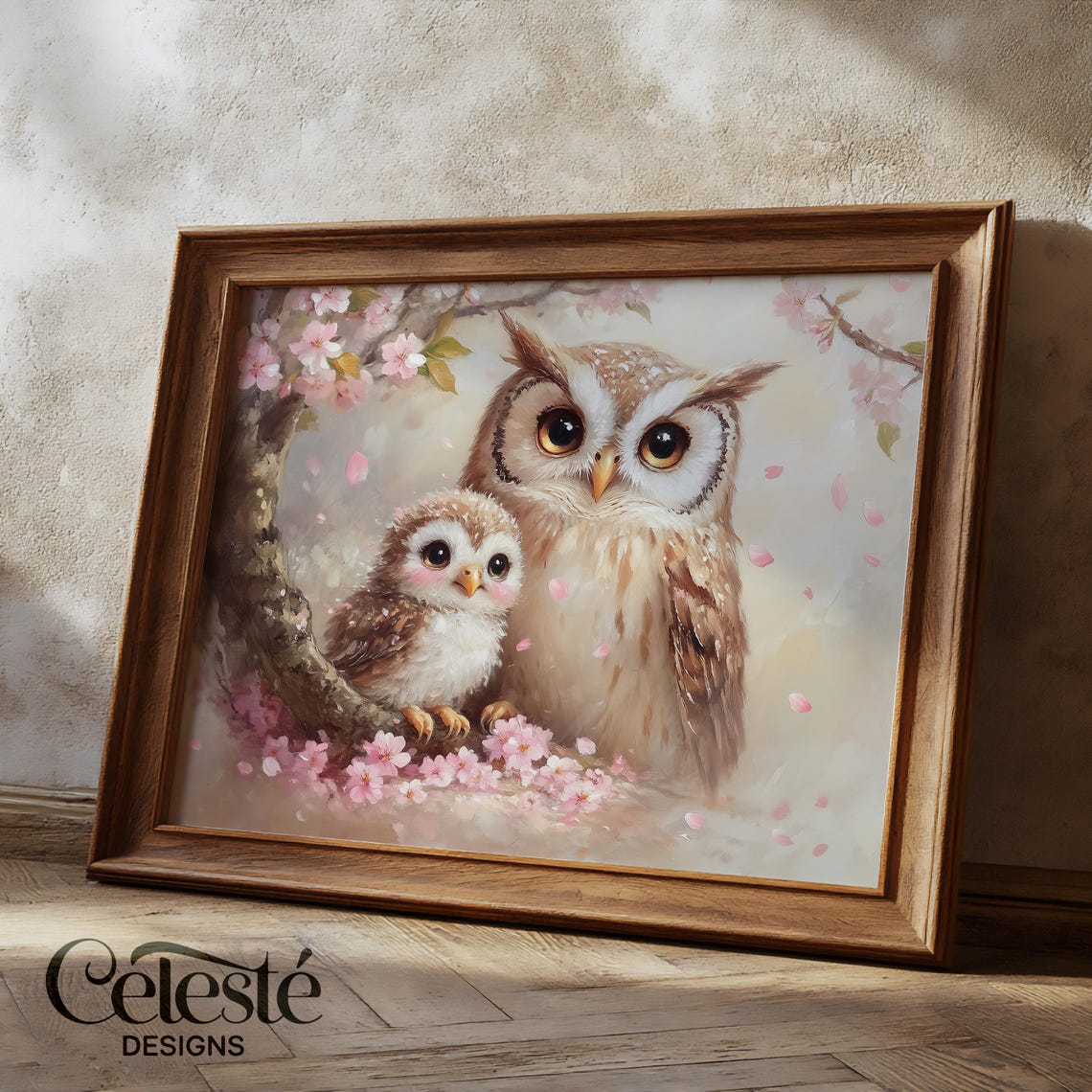 Mother Owl and Owlet Among Cherry Blossoms Soft Spring Nursery Poster