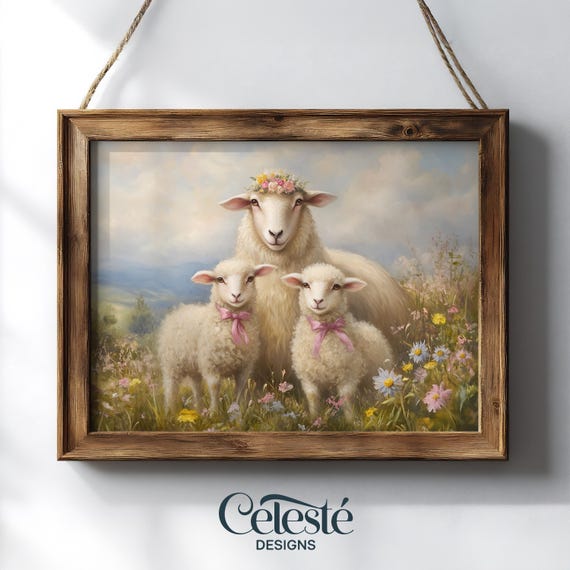 Spring Sheep And Lambs Print Farmhouse Nursery Wall Art