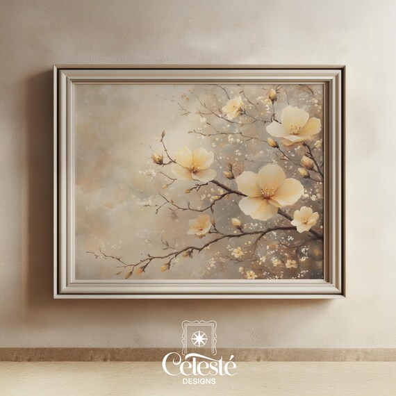 Soft Cream Blossom Branch Botanical Wall Art for Elegant Calm Rooms