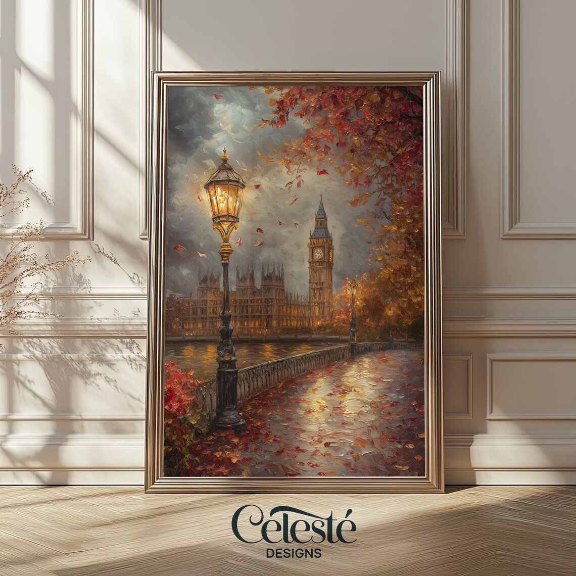 Big Ben London Autumn Leaves Riverside Walk Vintage Art Poster Scene