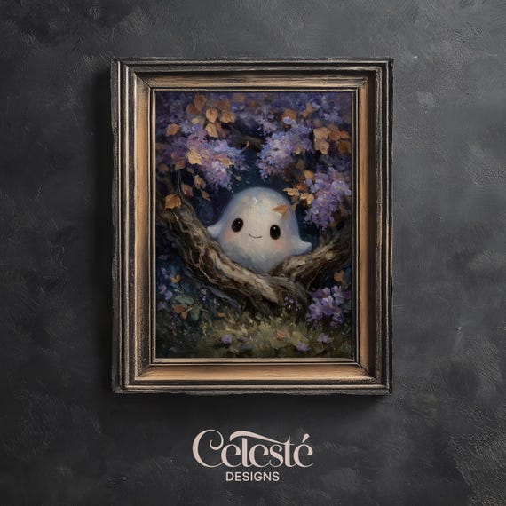 Cute Wall Art Whimsical Halloween Print Purple Floral Forest Illustration Kawaii Cosy Autumn Decor