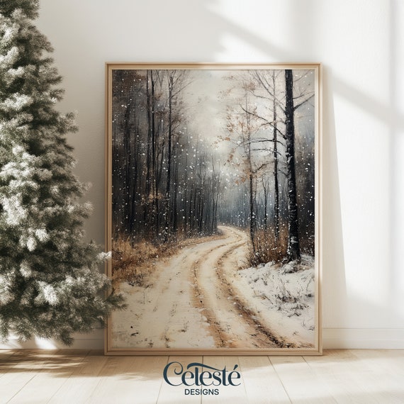 Watercolor Winter Landscape Print Snowy Forest Path