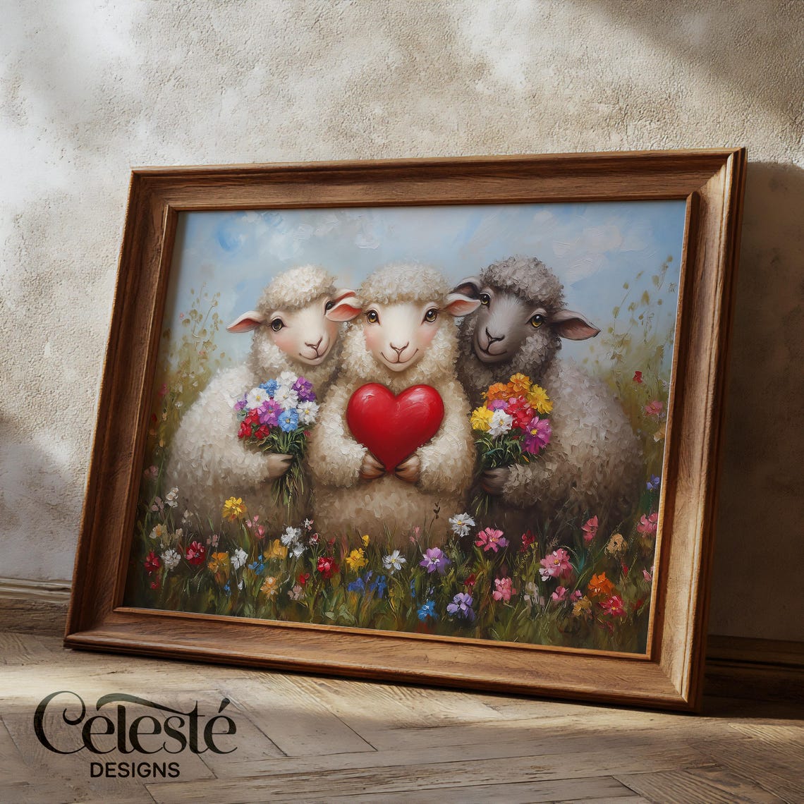 Three Sheep Holding Hearts Meadow Flowers Romantic Art Print