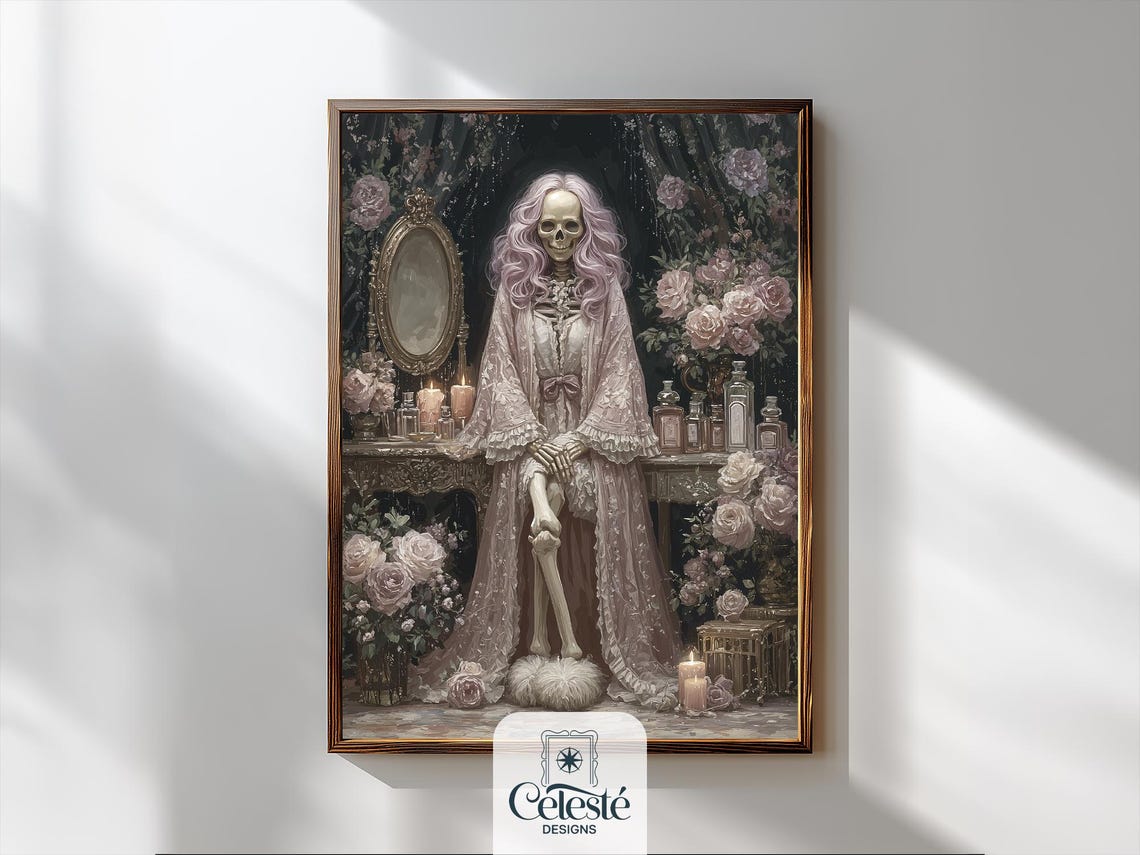 Gothic Skeleton Lady in Pink Lace Robe at Vanity Halloween Print