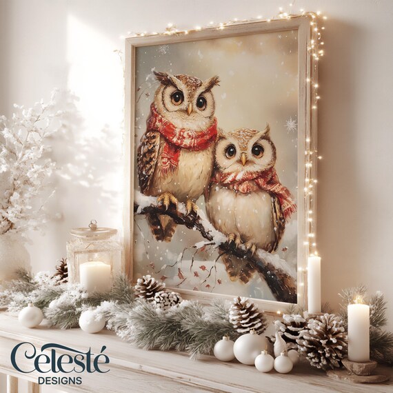 Christmas Owls Watercolor Print Two Cute Owls Red Scarves Winter Holiday Decor