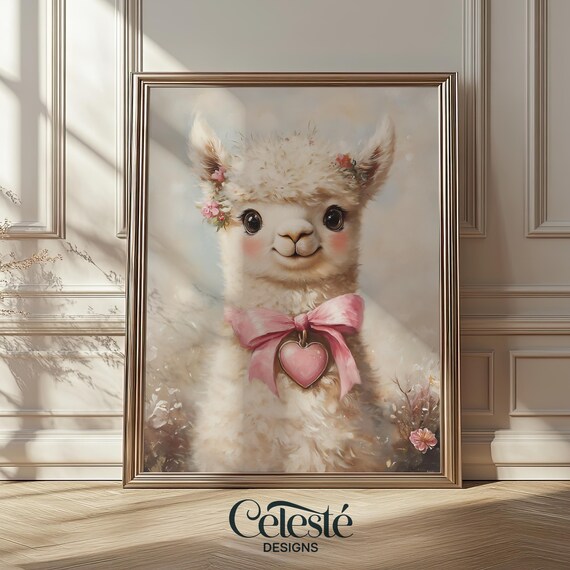 Baby Llama Nursery Print Cute Pink Bow Heart Charm Floral Art