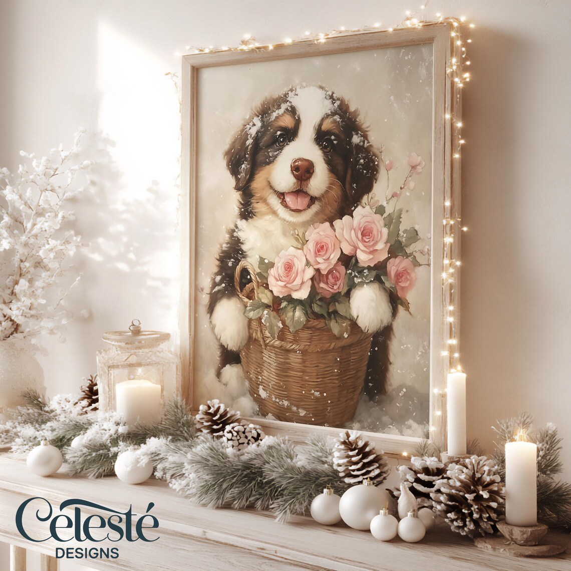 Bernese Mountain Dog Puppy Christmas Roses Vintage Holiday Print