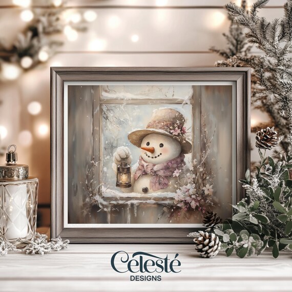 Vintage Snowman Lantern Snowy Window Christmas Winter Art Poster