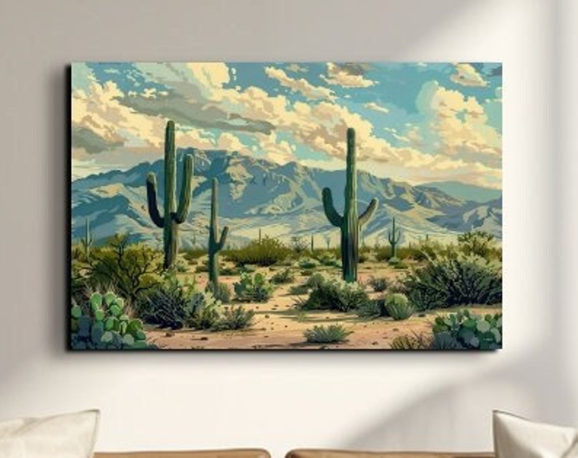Arizona Desert Saguaro Cacti Blue Mountains Landscape Wall Art