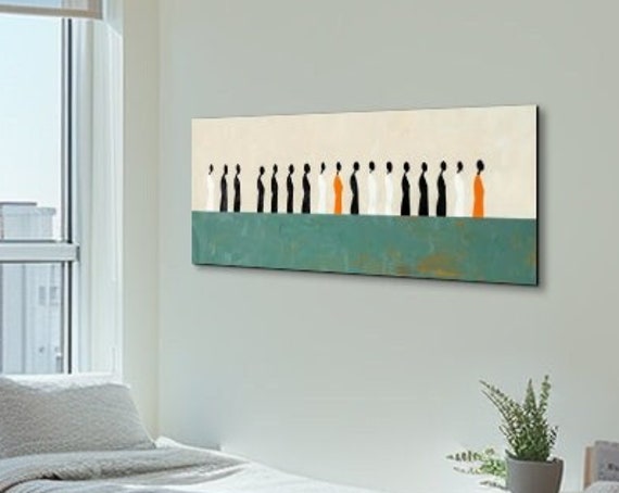 Panoramic Minimalist Green And Beige With Abstract People In The Horizon Ready To Hang Panoramic Wall Art Print