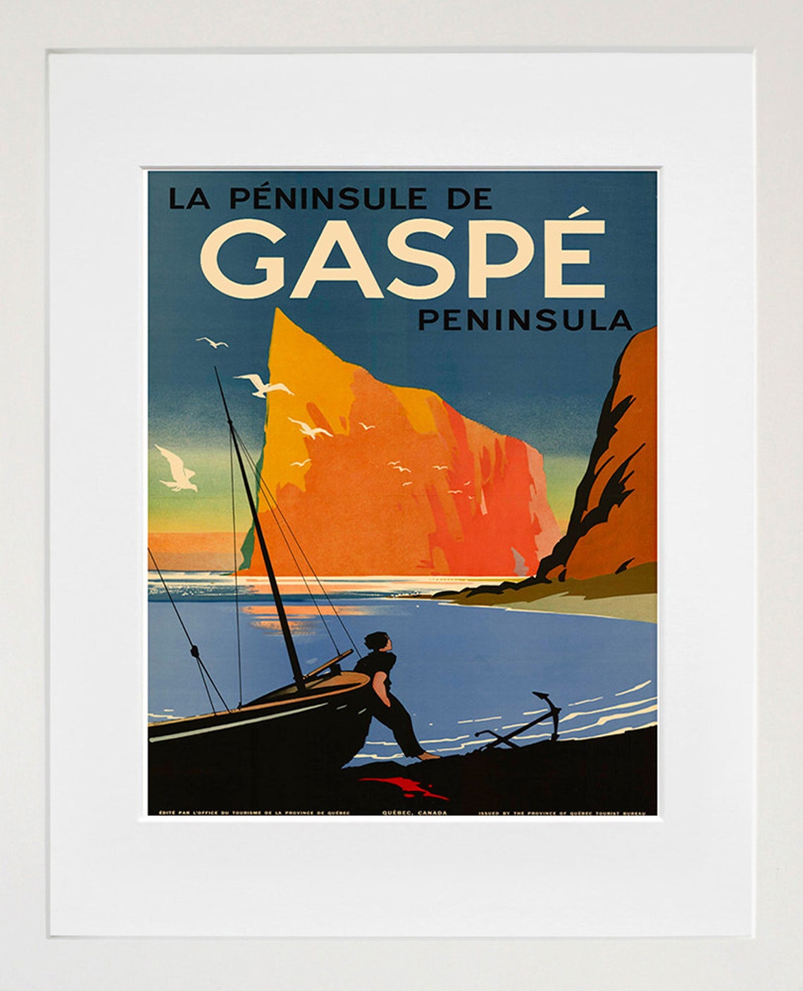 Gaspe Peninsula Quebec Vintage Travel Poster Fisherman Cliffs Canada