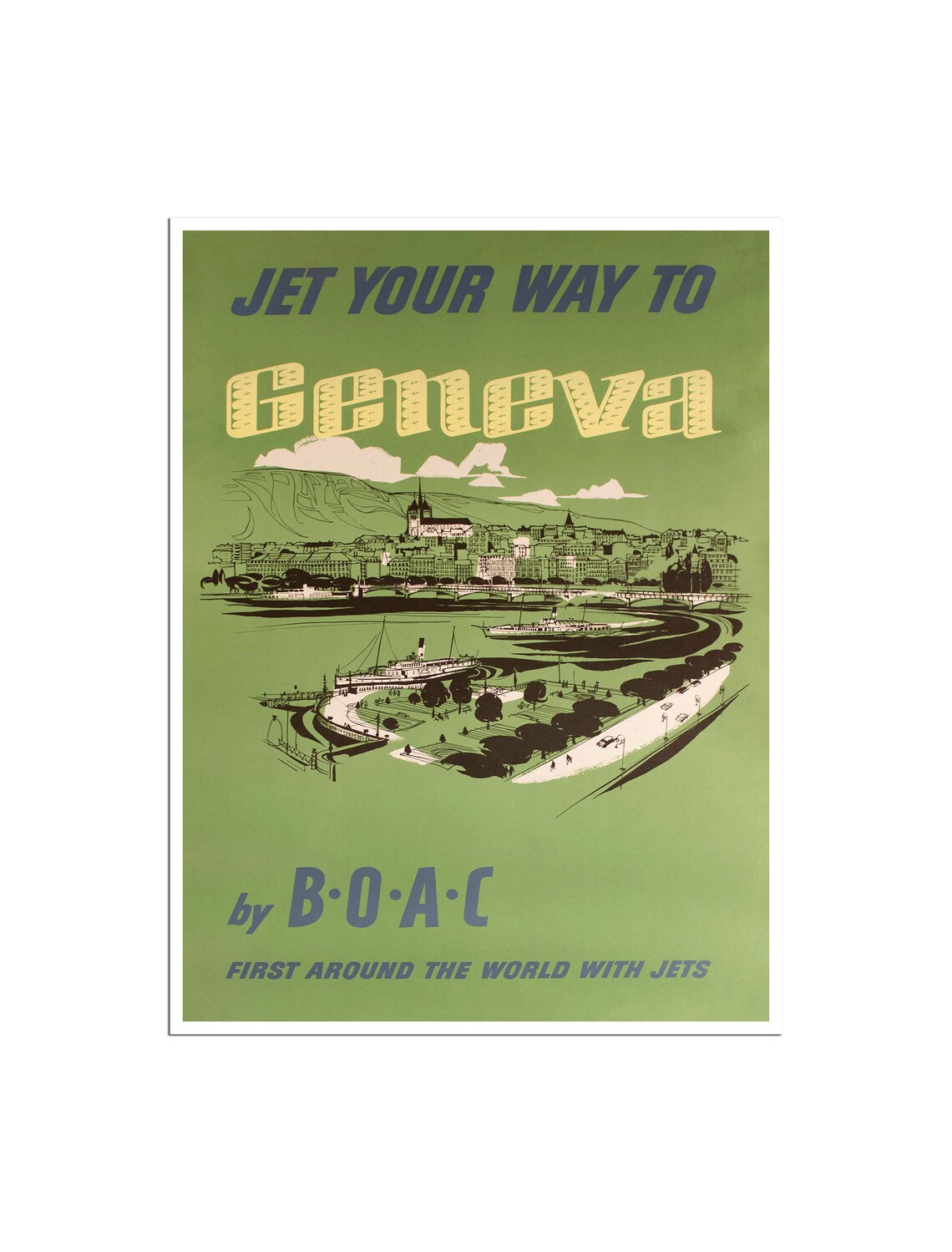 Geneva Switzerland BOAC Airline Poster Jet Age Lake City Vintage