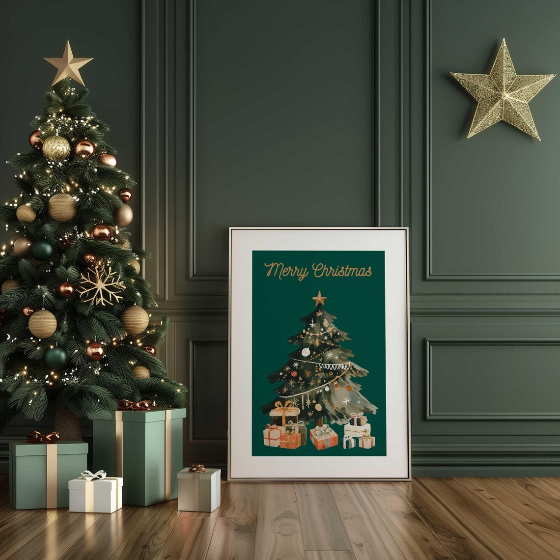 Gold Merry Christmas Script Green Watercolor Tree Gifts Holiday Poster - Image 4