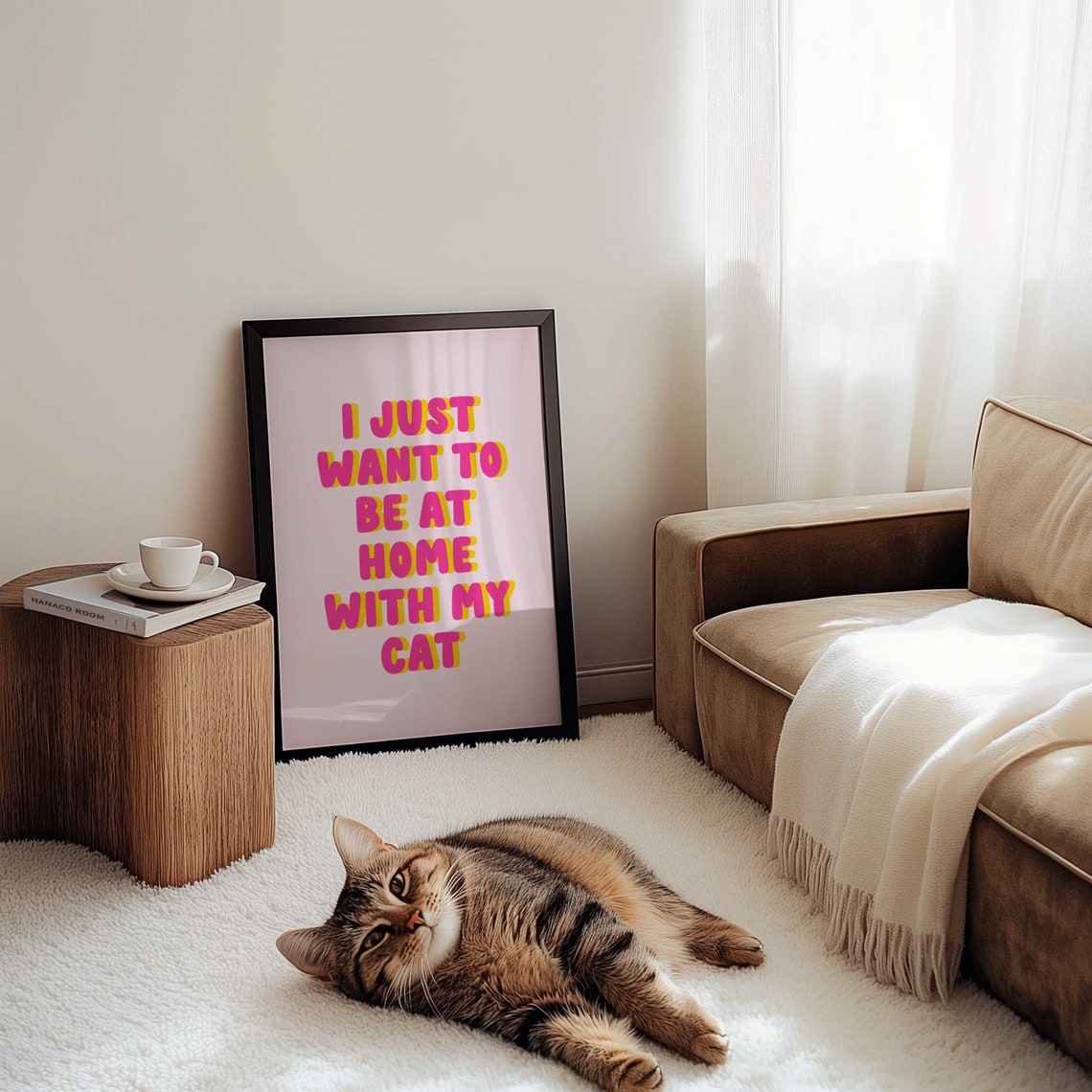 Funny I Just Want To Be At Home With My Cat Pink Quote Poster - Image 4