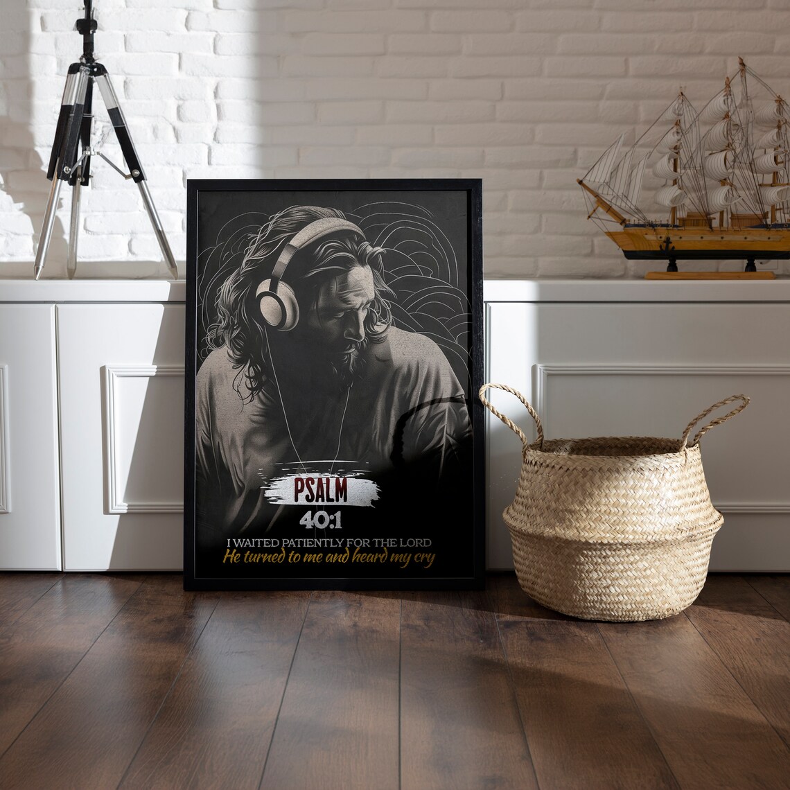 Psalm 40:1 Jesus Wearing Headphones Christian Faith Wall Print - Image 2