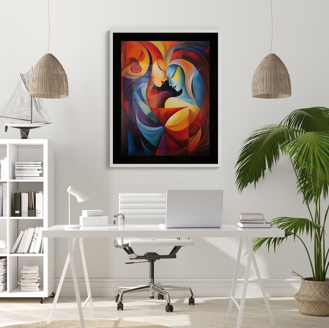 Abstract Embracing Couple in Fiery Red and Deep Blue Art Poster - Image 2