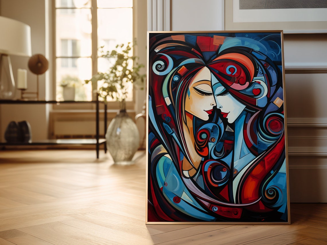 Abstract Lovers Faces Intertwined in Red and Blue Swirls Poster - Image 5