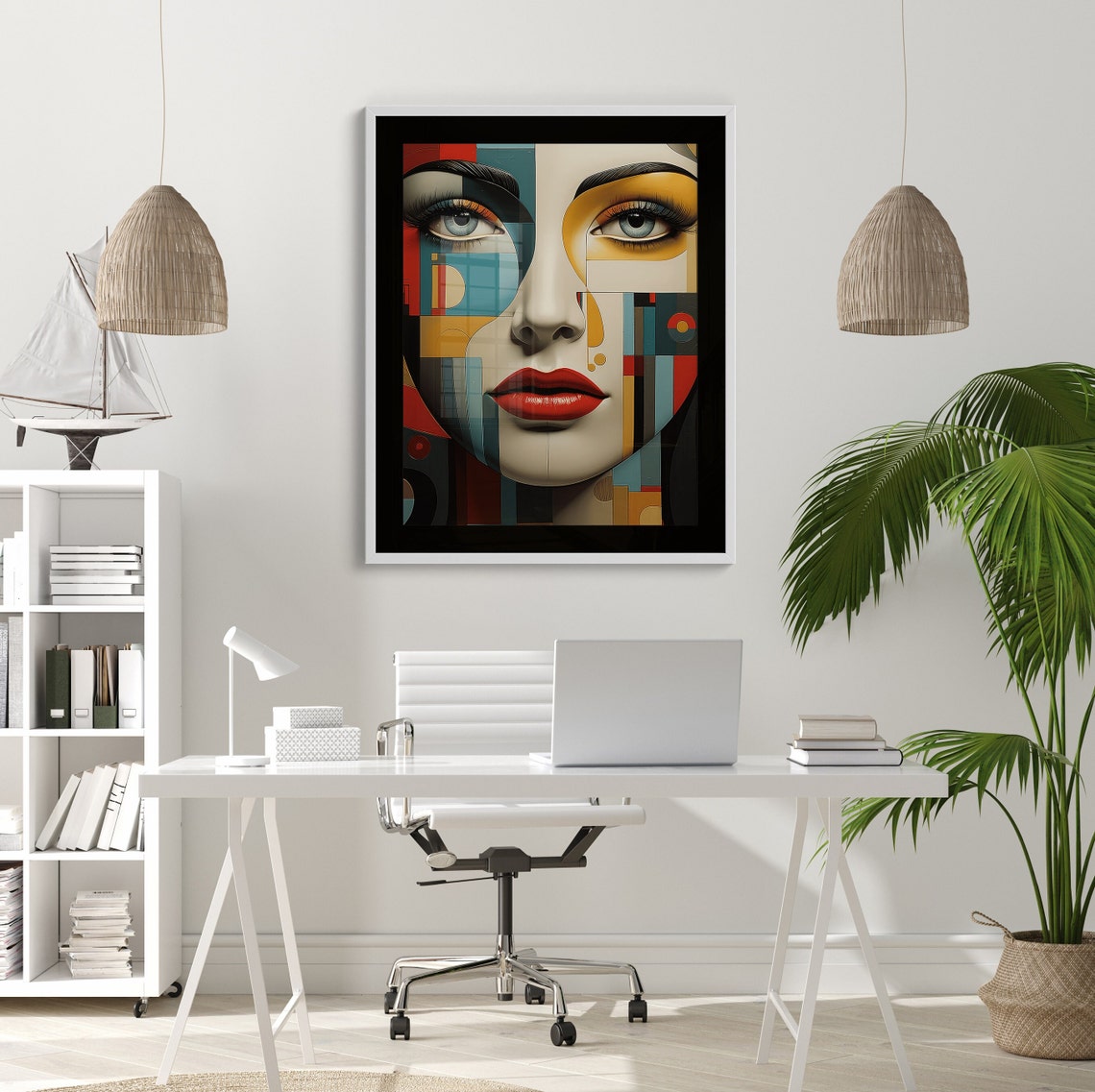 Geometric Cubist Woman Face in Teal Red and Gold Blocks Poster - Image 3