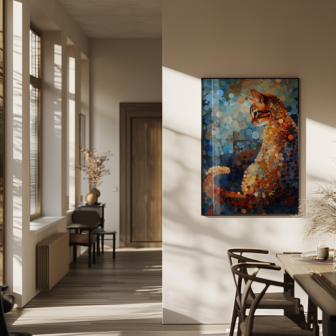 Pointillist Orange Tabby Cat Mosaic Dot Painting Blue Decor Poster - Image 3