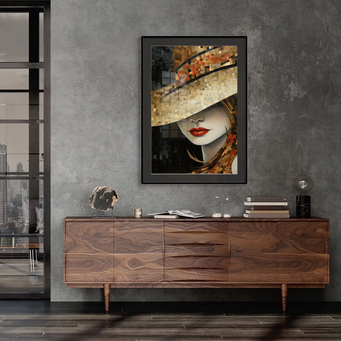 Mosaic Woman in Wide Hat with Red Lips Art Deco Style Poster - Image 2