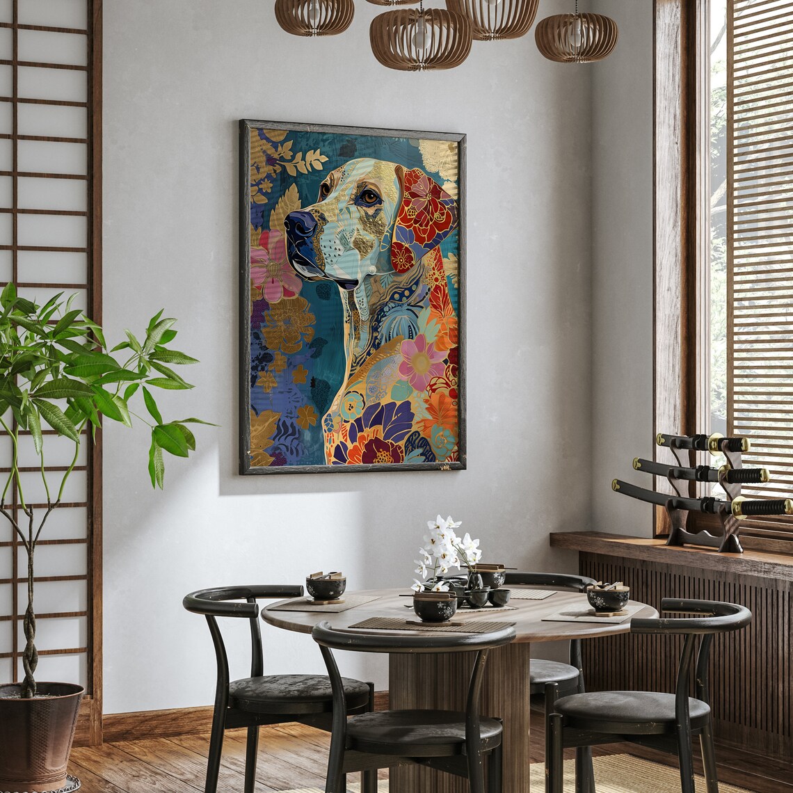 Floral Pattern Dog Portrait in Blue and Gold Boho Art Poster - Image 3
