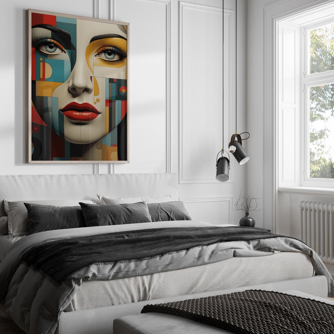 Geometric Cubist Woman Face in Teal Red and Gold Blocks Poster - Image 5