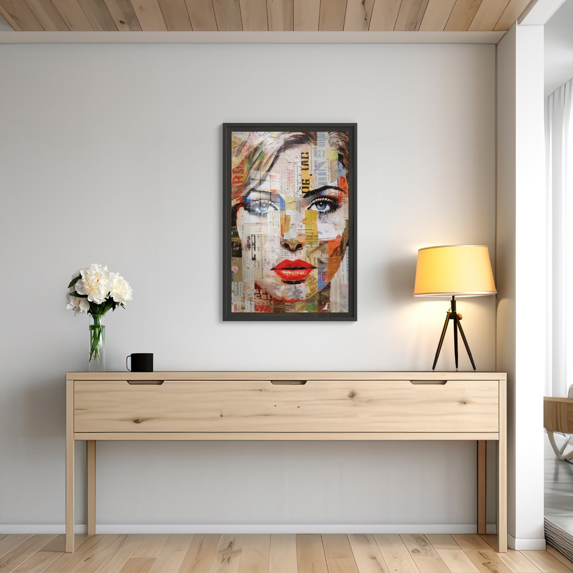 Newspaper Collage Woman Face with Blue Eyes and Red Lips Poster - Image 2